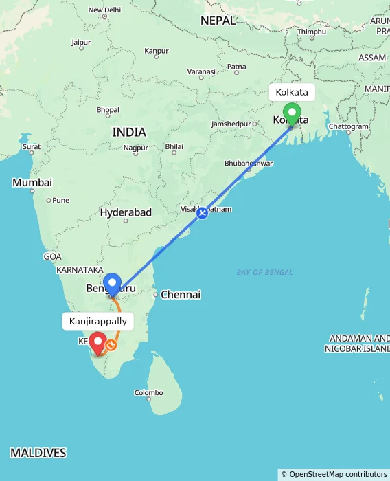 Route map showing distance and travel time from Kolkata, India to Kanjirappally, India