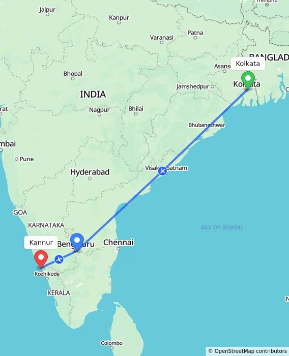 Route map showing distance and travel time from Kolkata, India to Kannur, India