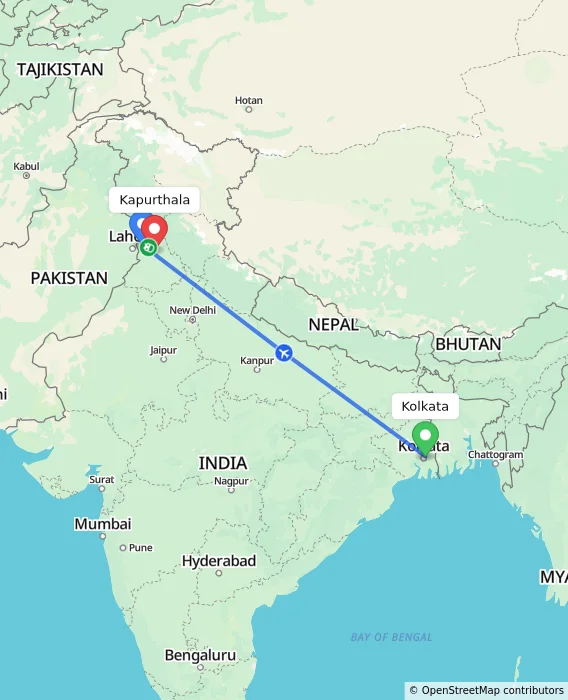 Route map showing distance and travel time from Kolkata, India to Kapurthala, India