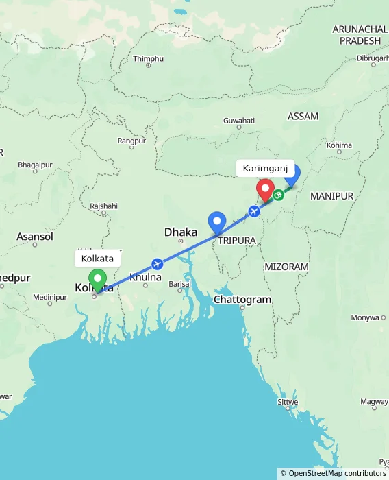 Route map showing distance and travel time from Kolkata, India to Karimganj, India