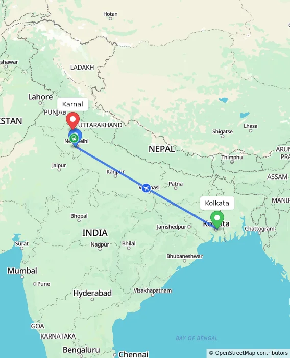 Route map showing distance and travel time from Kolkata, India to Karnal, India