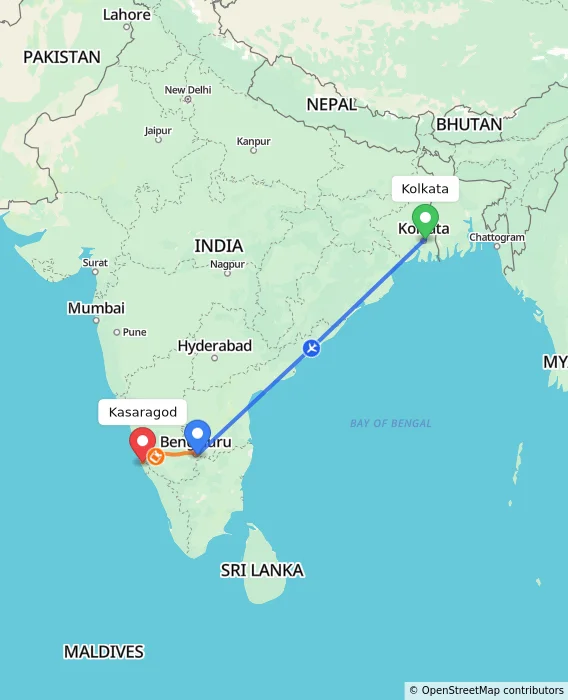 Route map showing distance and travel time from Kolkata, India to Kasaragod, India