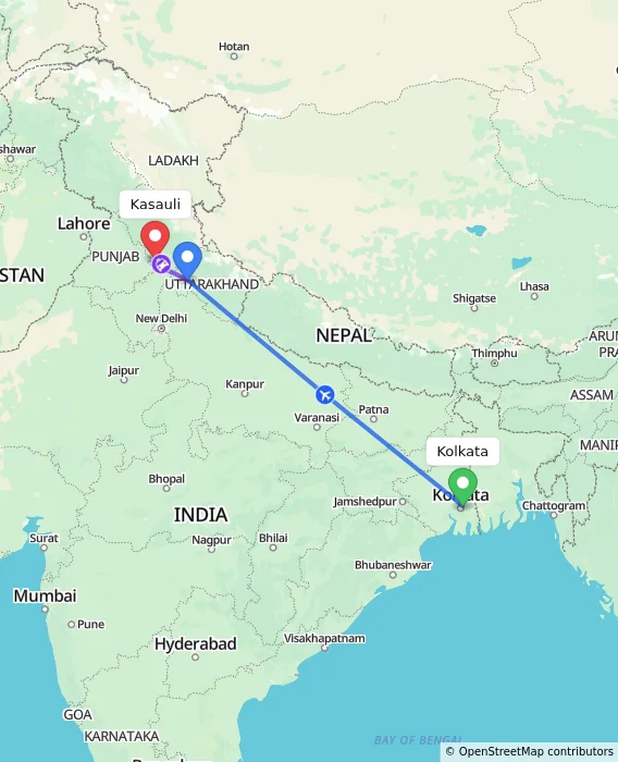 Route map showing distance and travel time from Kolkata, India to Kasauli, India