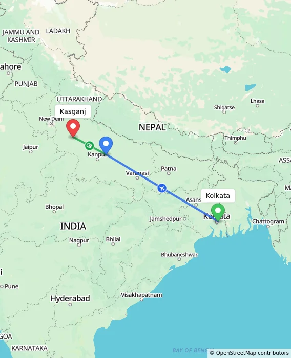 Route map showing distance and travel time from Kolkata, India to Kasganj, India