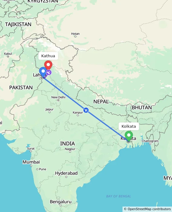 Route map showing distance and travel time from Kolkata, India to Kathua, India