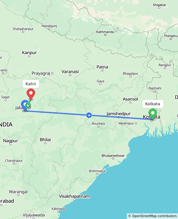 Route map showing distance and travel time from Kolkata, India to Katni, India