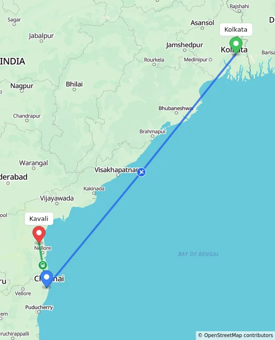 Route map showing distance and travel time from Kolkata, India to Kavali, India