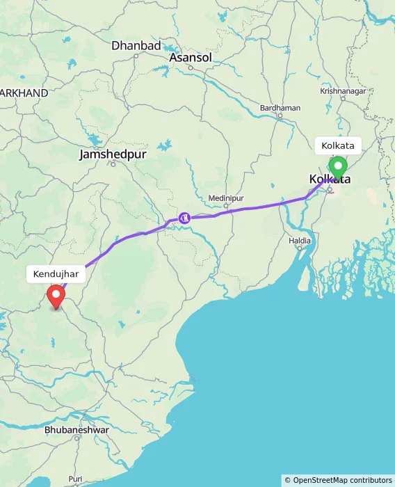 Route map showing distance and travel time from Kolkata, India to Kendujhar, India