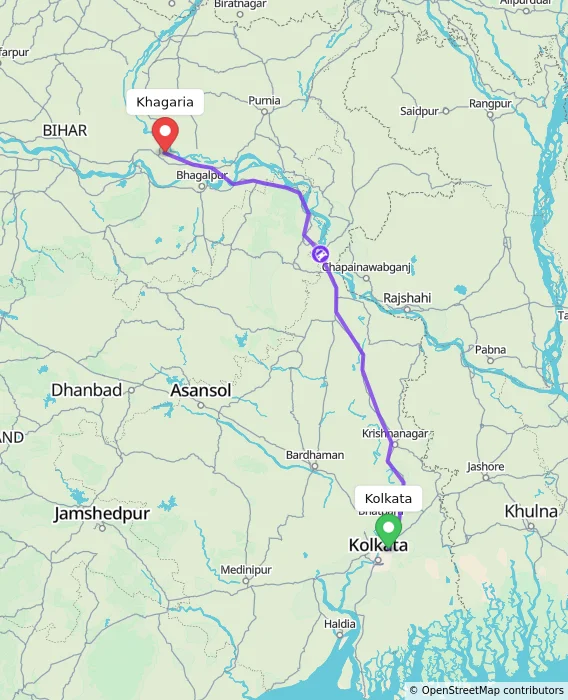 Route map showing distance and travel time from Kolkata, India to Khagaria, India