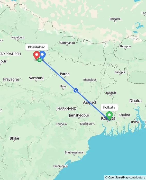 Route map showing distance and travel time from Kolkata, India to Khalilabad, India