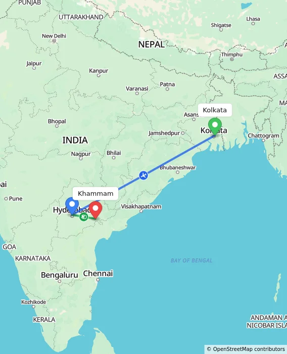 Route map showing distance and travel time from Kolkata, India to Khammam, India