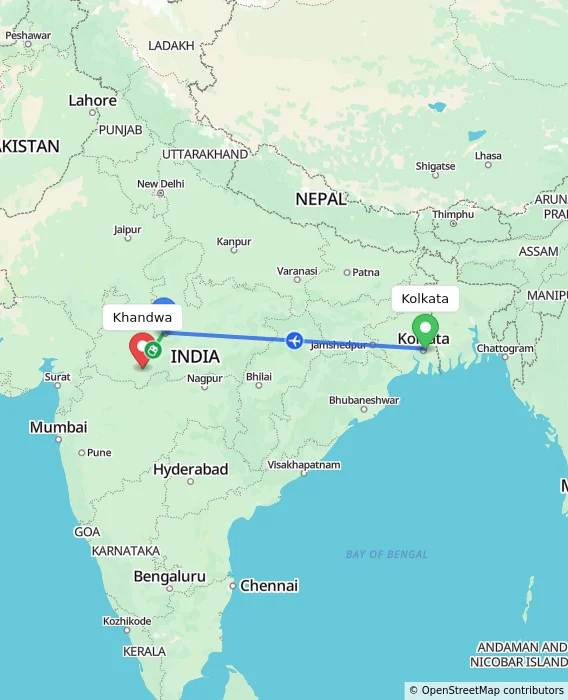 Route map showing distance and travel time from Kolkata, India to Khandwa, India