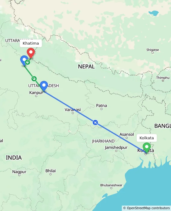 Route map showing distance and travel time from Kolkata, India to Khatima, India