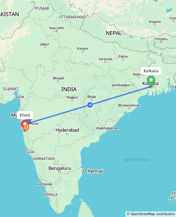 Route map showing distance and travel time from Kolkata, India to Khed, India