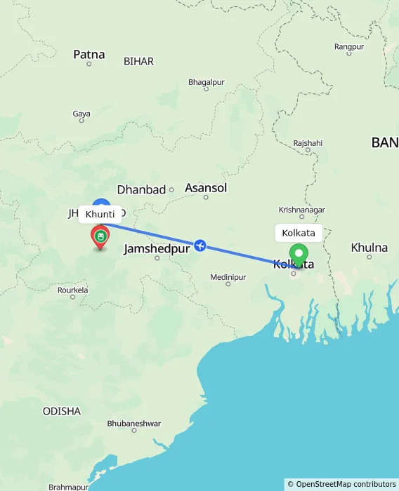 Route map showing distance and travel time from Kolkata, India to Khunti, India