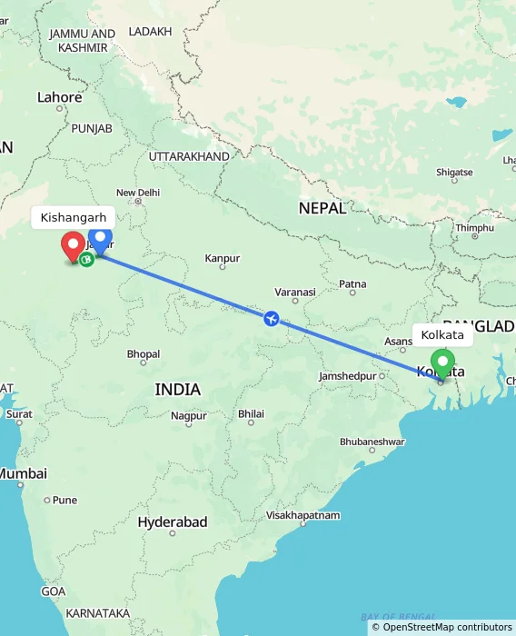 Route map showing distance and travel time from Kolkata, India to Kishangarh, India