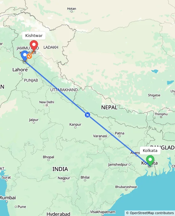 Route map showing distance and travel time from Kolkata, India to Kishtwar, India