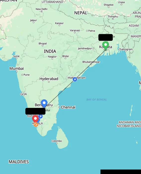 Route map showing distance and travel time from Kolkata, India to Kodungallur, India