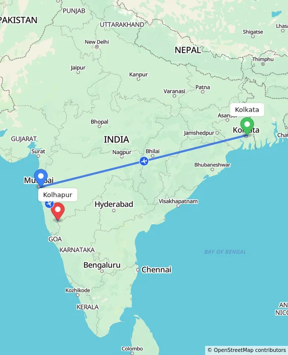 Route map showing distance and travel time from Kolkata, India to Kolhapur, India