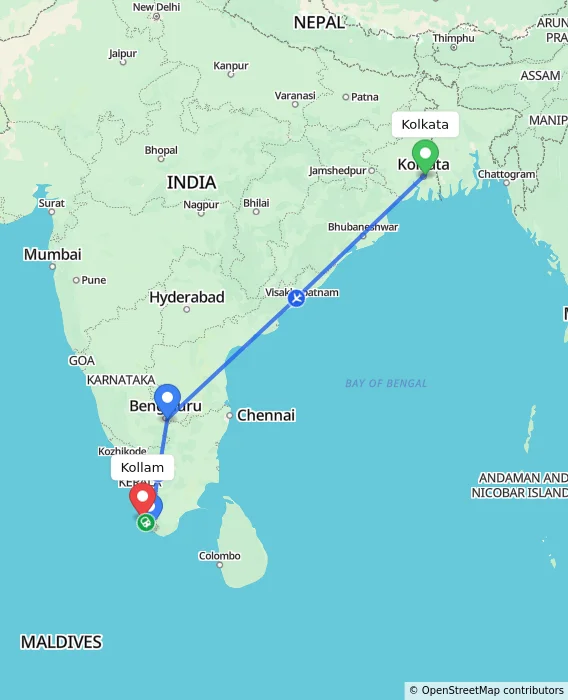 Route map showing distance and travel time from Kolkata, India to Kollam, India