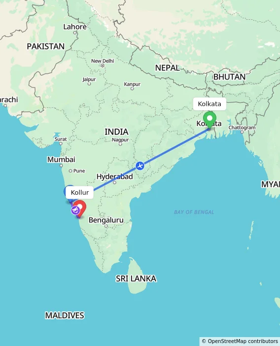 Route map showing distance and travel time from Kolkata, India to Kollur, India