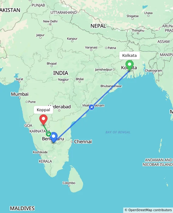 Route map showing distance and travel time from Kolkata, India to Koppal, India