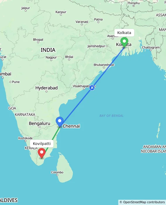 Route map showing distance and travel time from Kolkata, India to Kovilpatti, India