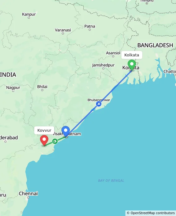 Route map showing distance and travel time from Kolkata, India to Kovvur, India