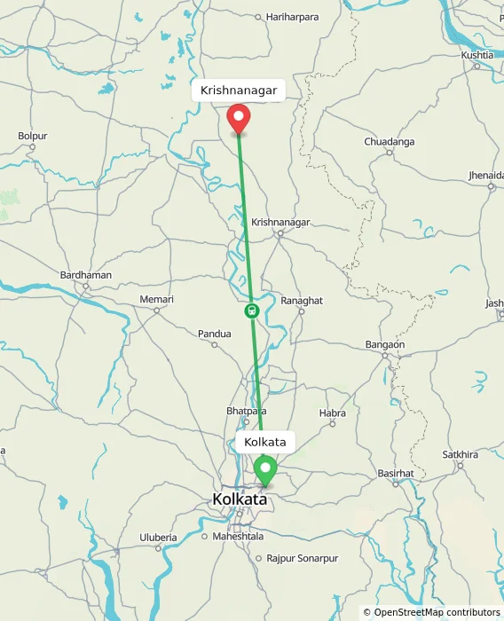Route map showing distance and travel time from Kolkata, India to Krishnanagar, India