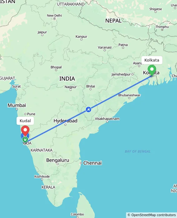 Route map showing distance and travel time from Kolkata, India to Kudal, India