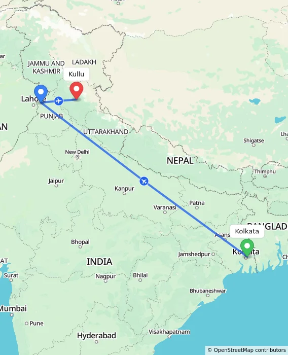 Route map showing distance and travel time from Kolkata, India to Kullu, India