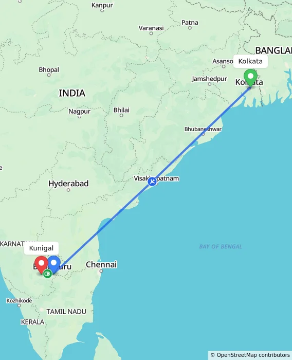 Route map showing distance and travel time from Kolkata, India to Kunigal, India
