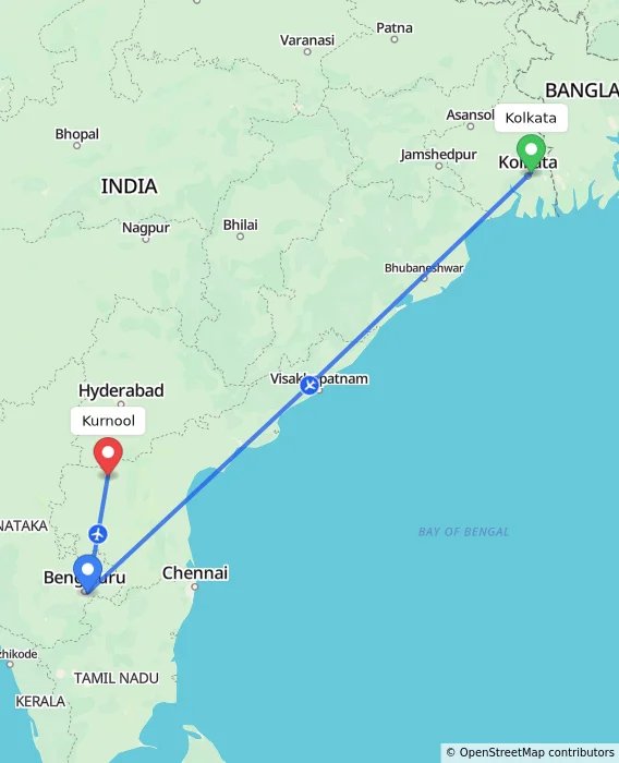 Route map showing distance and travel time from Kolkata, India to Kurnool, India