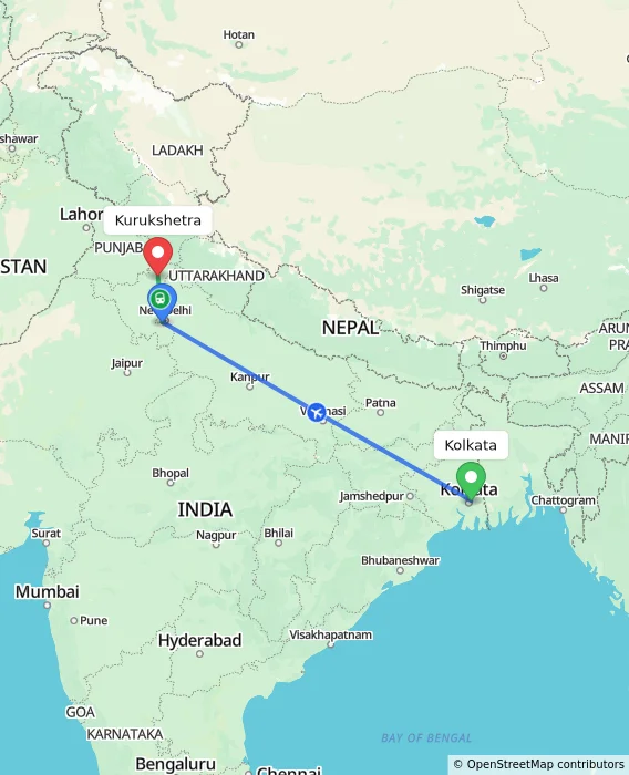 Route map showing distance and travel time from Kolkata, India to Kurukshetra, India