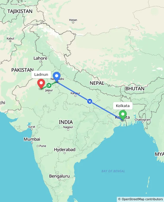 Route map showing distance and travel time from Kolkata, India to Ladnun, India