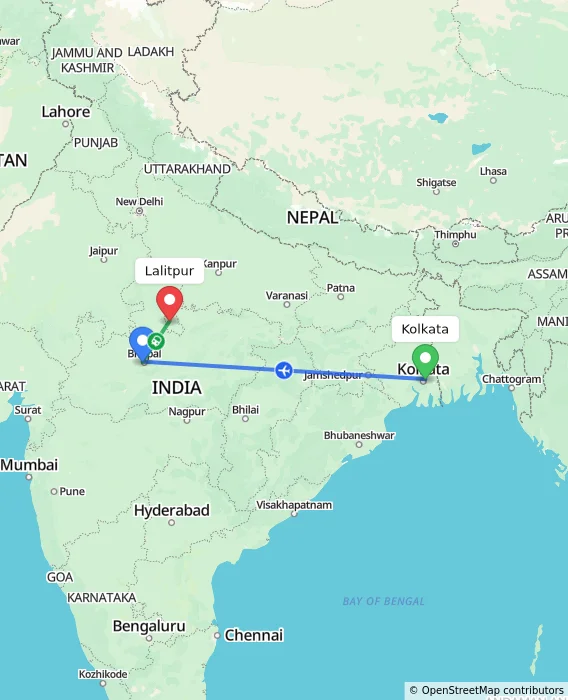 Route map showing distance and travel time from Kolkata, India to Lalitpur, India