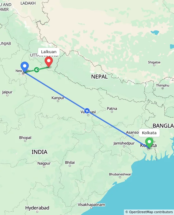 Route map showing distance and travel time from Kolkata, India to Lalkuan, India