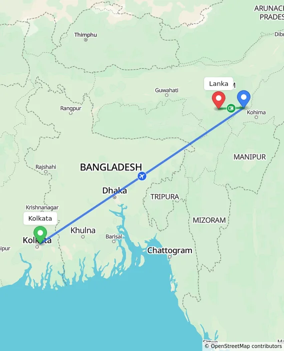 Route map showing distance and travel time from Kolkata, India to Lanka, India