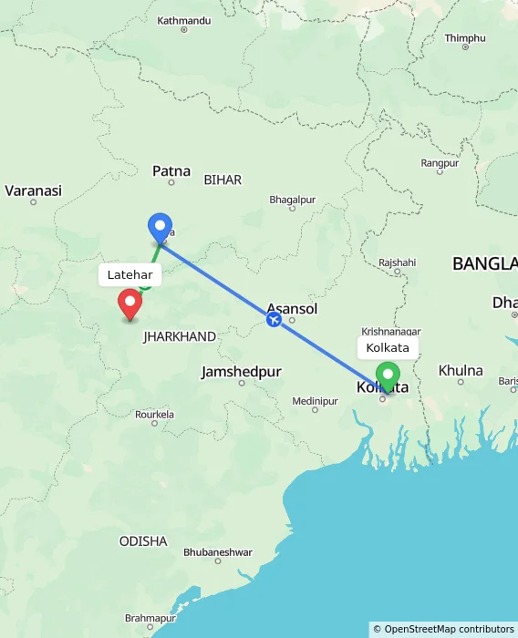 Route map showing distance and travel time from Kolkata, India to Latehar, India