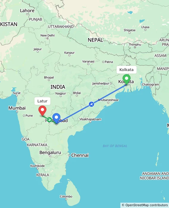 Route map showing distance and travel time from Kolkata, India to Latur, India