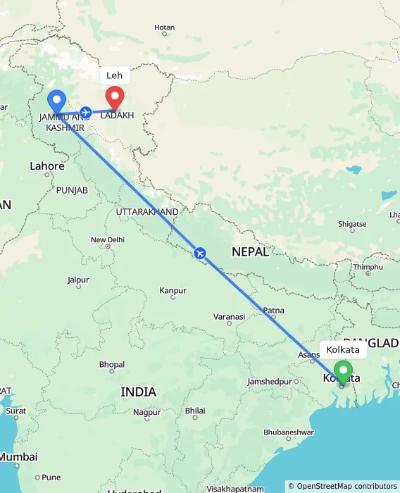 Route map showing distance and travel time from Kolkata, India to Leh, India