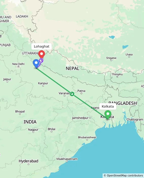 Route map showing distance and travel time from Kolkata, India to Lohaghat, India