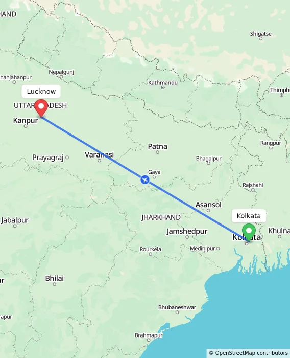 Route map showing distance and travel time from Kolkata, India to Lucknow, India
