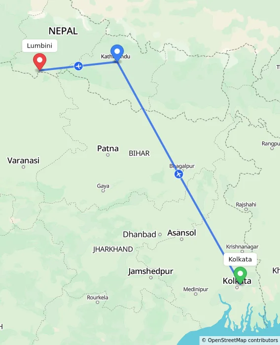 Route map showing distance and travel time from Kolkata, India to Lumbini, Nepal