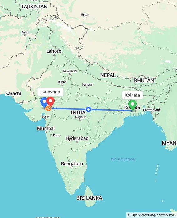 Route map showing distance and travel time from Kolkata, India to Lunavada, India
