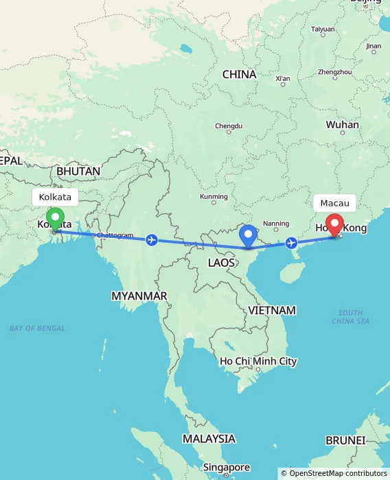 Route map showing distance and travel time from Kolkata, India to Macau, Macau (Special Administrative Region of China)