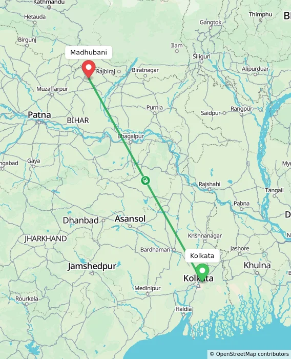 Route map showing distance and travel time from Kolkata, India to Madhubani, India