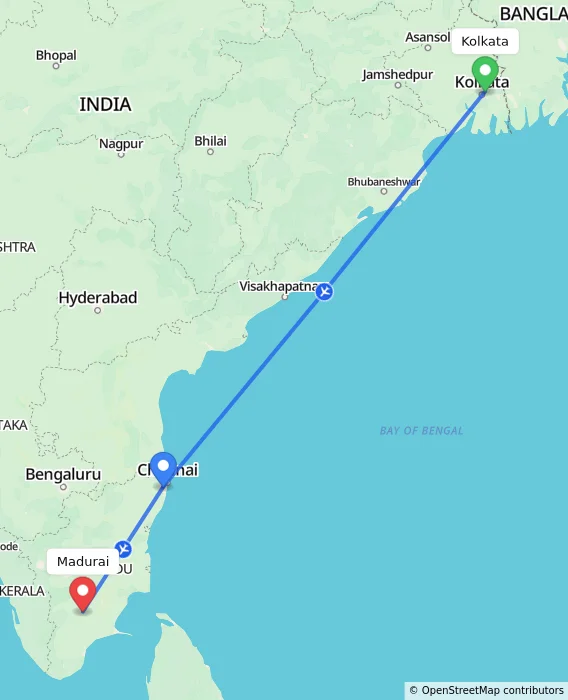 Route map showing distance and travel time from Kolkata, India to Madurai, India