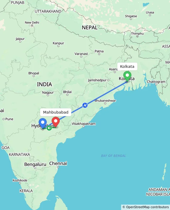 Route map showing distance and travel time from Kolkata, India to Mahbubabad, India