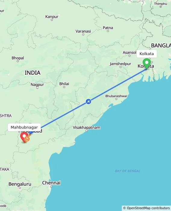 Route map showing distance and travel time from Kolkata, India to Mahbubnagar, India